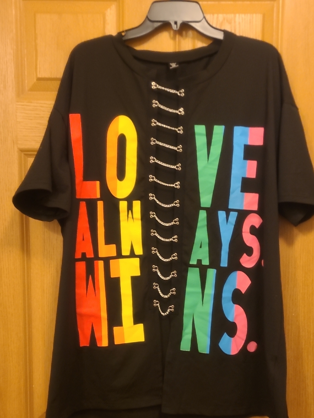 SHEIN Black Short-Sleeve Tee with Rainbow 'LOVE ALWAYS WINS' Print